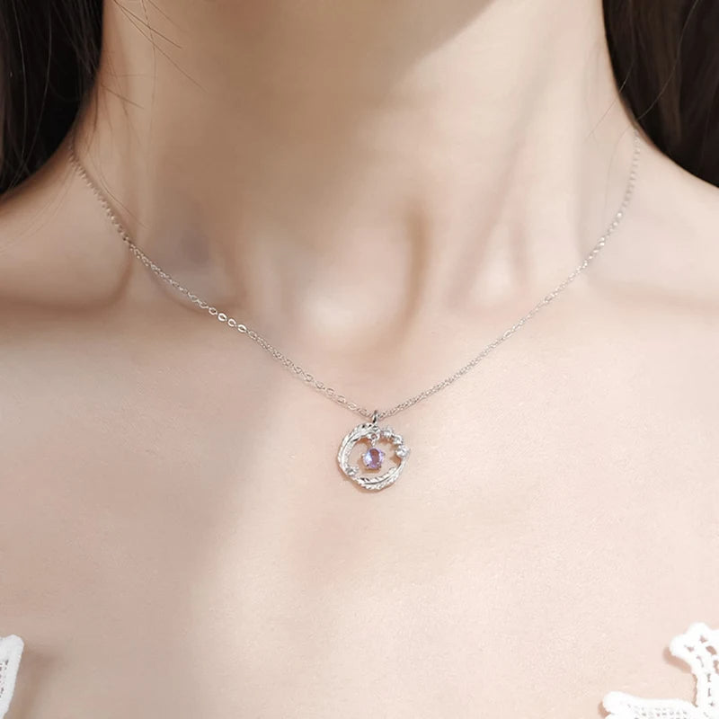 925 Silver Plated Feather Shape Pendant Necklace Moonstone Round Bead Jewelry Choker Gift