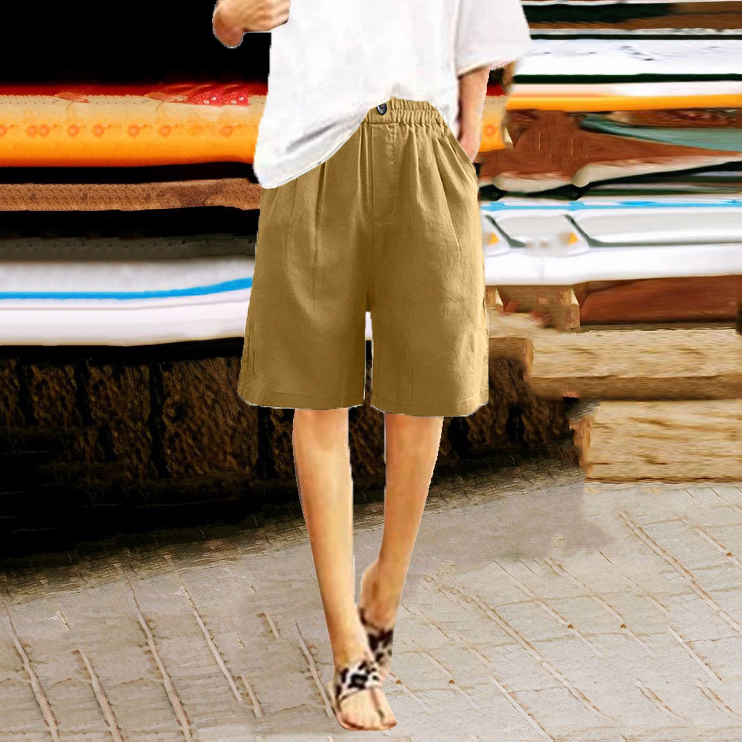 Women's Cotton And Linen Cropped Loose High Waist Shorts
