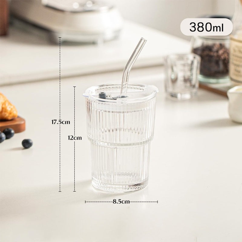 2pcs 380ml Ribbed Glass Mugs - Includes Glass Tube And Lid. Comes With A Lid And Straw, Suitable For Everyday Use, And Is The Ideal Mug For Home Or Cafes.