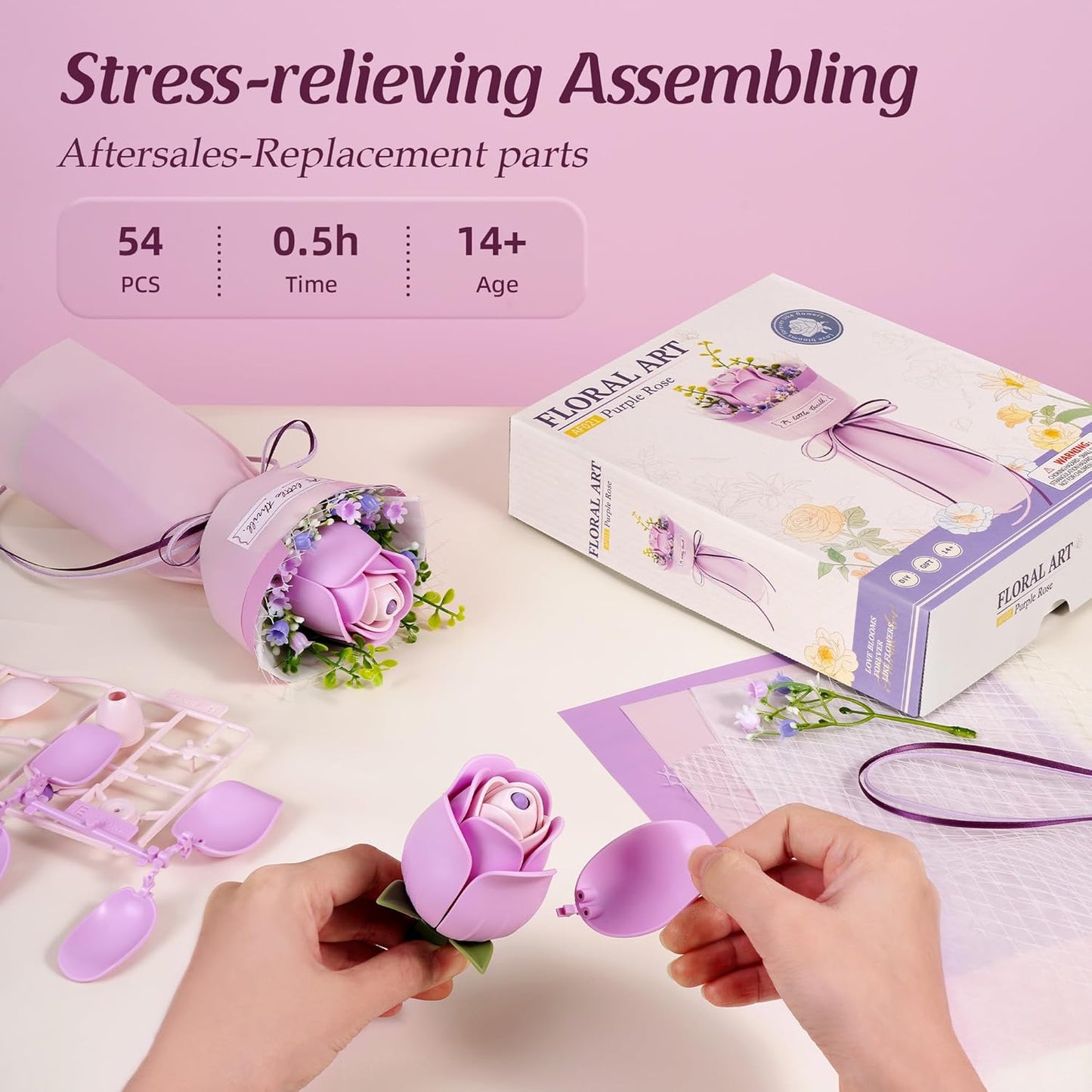 ROBOTIME Flower 3D Puzzle Model Kits Puzzles For Adults To Build Artificial Flowers For Home Bedroom Living Room Decor, Gifts For Women Valentine, Purple Rose