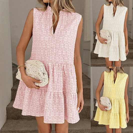 Womens Summer Sleeveless Patchwork V-Neck Pullover Dress For Europe And America