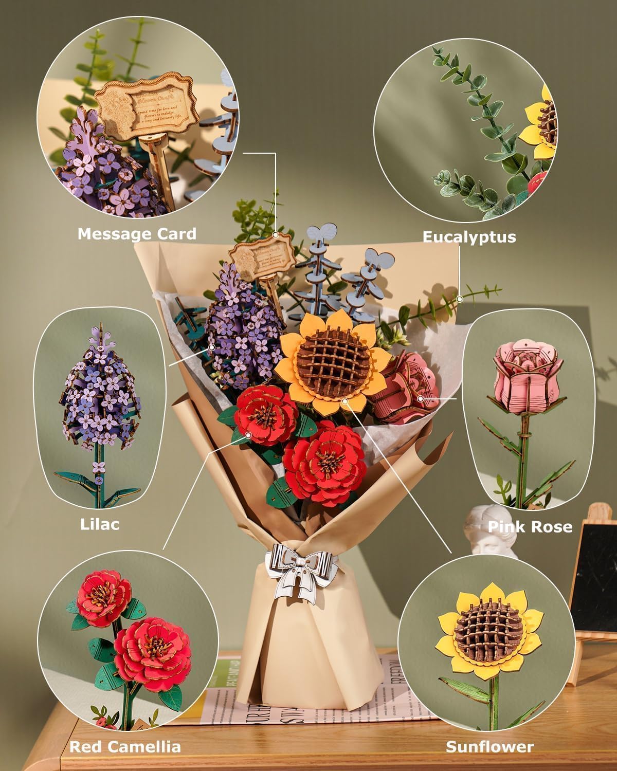 ROBOTIME Flowers 3D Wooden Puzzle Model Kits For Adults To Build, Artificial Flowers For Decoration, Home Decor Accessories Living Room, Gifts For Women On Valentine's Day, Flower Bouquet TW01H