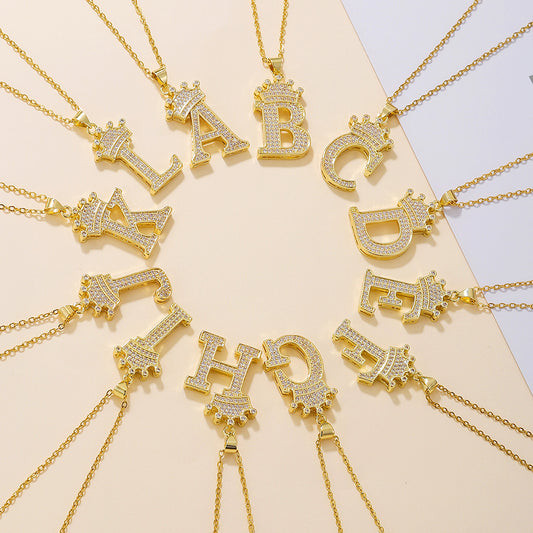 1PCS Fashionable Gold Diamond Crown Uppercase Letter Popular Pendant Necklace Suitable For Daily Use Festivals Parties Gifts Jewelry Set